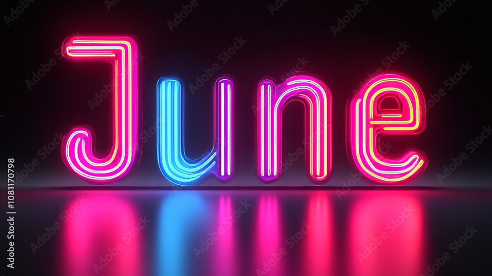 Vibrant Neon Sign Spelling Out June Against a Dark Background, Perfect for Summertime Designs Vibrant Neon Sign Spelling Out June Against a Dark Background, Perfect for Summertime Designs