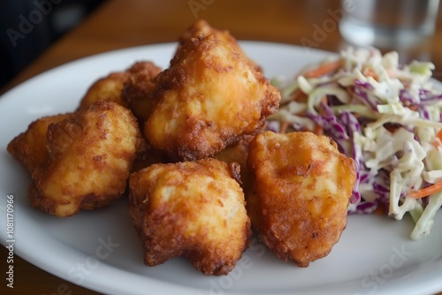 Crispy pieces of chicken and coleslaw photo