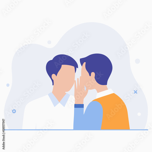Two men are talking to each other, one of them is covering his mouth. Concept of secrecy and intimacy between the two men