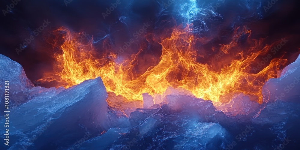 Fototapeta premium Fiery flames burst through ice.