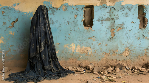 Woman in Black Embroidered Robe Against a Weathered Wall, female, person, dress, clothing, apparel photo