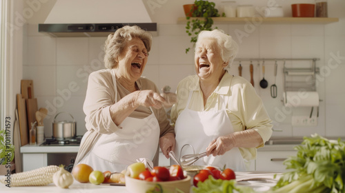 Joyful seniors cooking together in a sunlit kitchen for healthy living blur