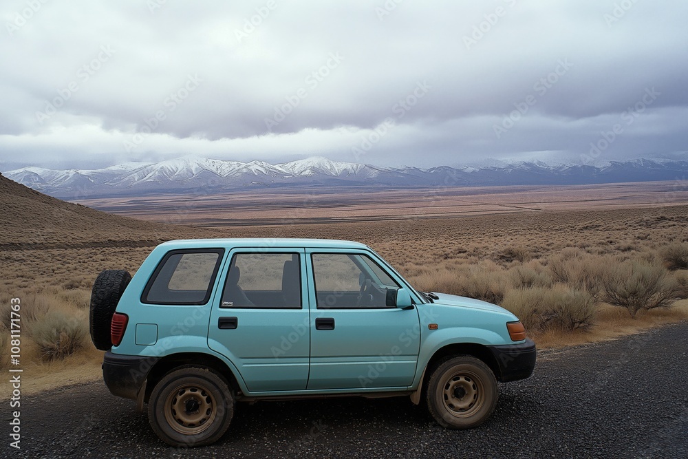 Fototapeta premium A turquoise SUV parked by a scenic mountain view on a cloudy day