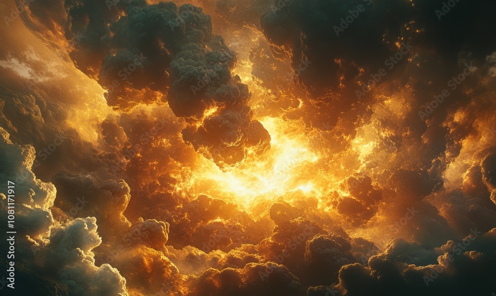 Dramatic scene featuring a dynamic clash of dark and orange clouds, highlighting a central explosion with fiery details and illuminated smoke Dramatic scene featuring a dynamic clash of dark and orange clouds, highlighting a central explosion with fiery details and illuminated smoke