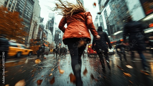 A woman runs energetically along a rainy city street, with autumn leaves swirling around her, capturing the urgency and dynamism of the urban pace.