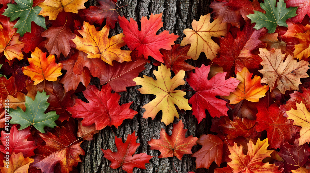 Autumn Leaves on Tree Trunk, fall, maple leaves, red leaves, orange leaves, yellow leaves Autumn Leaves on Tree Trunk, fall, maple leaves, red leaves, orange leaves, yellow leaves