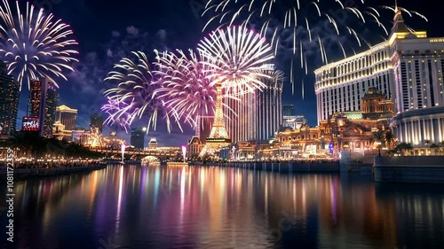 Spectacular Fireworks Display Over a Cityscape with a Replica of the Eiffel Tower
