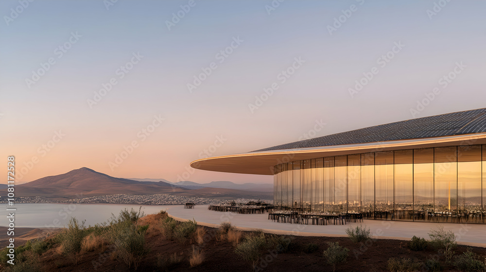 Fototapeta premium Modern Coastal Restaurant with Panoramic Views and Solar Roof at Sunset, modern architecture, sea view, ocean view, landscape, building