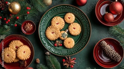 Christmas Cookies and Ornaments on a Green Tabletop