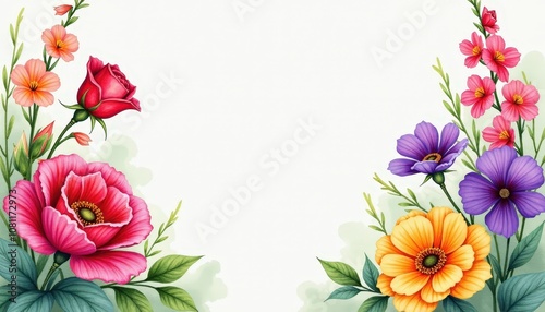 Radiant Floral Display with Central Blank Space Featuring Rose, Marigold, Freesia, and Gladiolus - Suitable for Copy Space