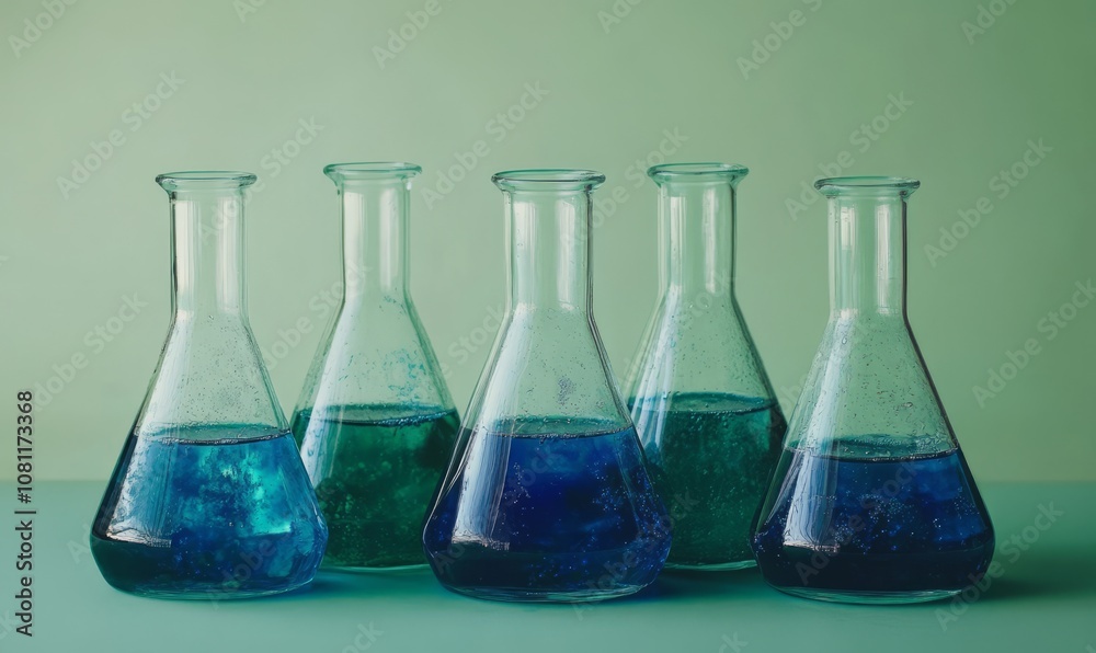 Five glass laboratory flasks filled with blue and green liquids against a green background Five glass laboratory flasks filled with blue and green liquids against a green background