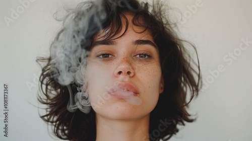 Mujer joven exhalando humo en fondo neutro photo