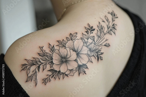 Freshly inked black tattoo of delicate flowers graces a woman's back shoulder