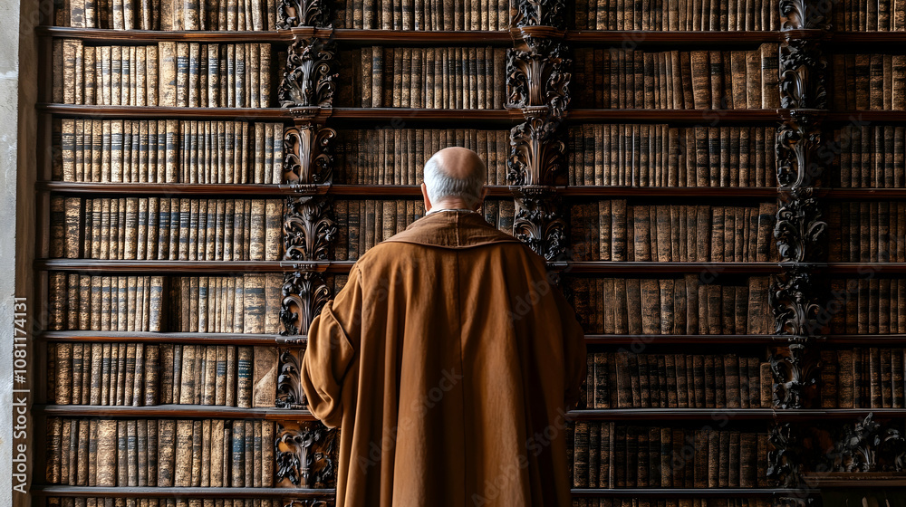 Man in Brown Robe Browsing Bookshelves in Historic Library, male, person, adult, senior, elderly Man in Brown Robe Browsing Bookshelves in Historic Library, male, person, adult, senior, elderly
