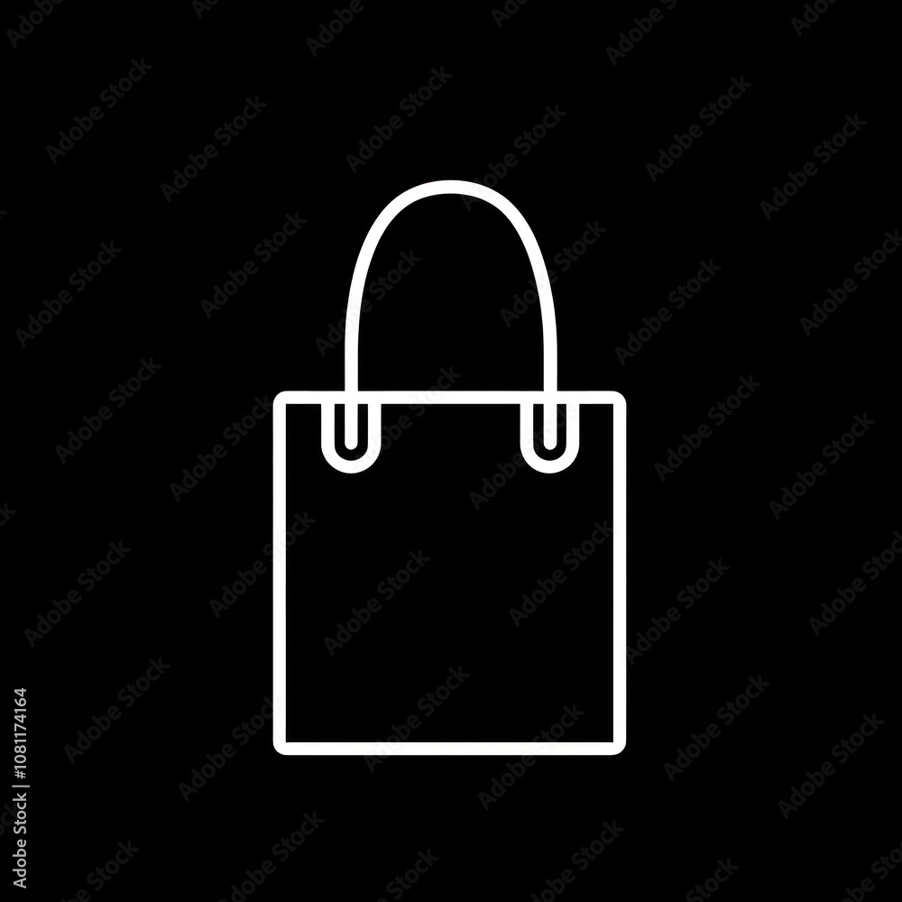 White bag icon on black background; minimalistic design, stark contrast, simple yet eye-catching.