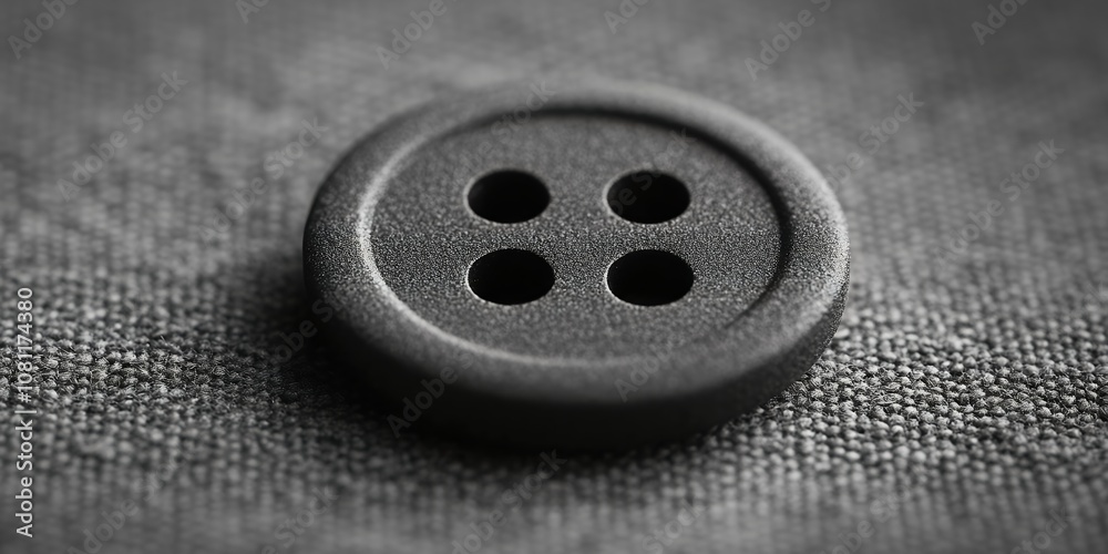 A Close-Up View of a Black Four-Hole Button Resting on Textured Fabric, Showcasing Its Smooth Surface and Precise Stitching Details A Close-Up View of a Black Four-Hole Button Resting on Textured Fabric, Showcasing Its Smooth Surface and Precise Stitching Details