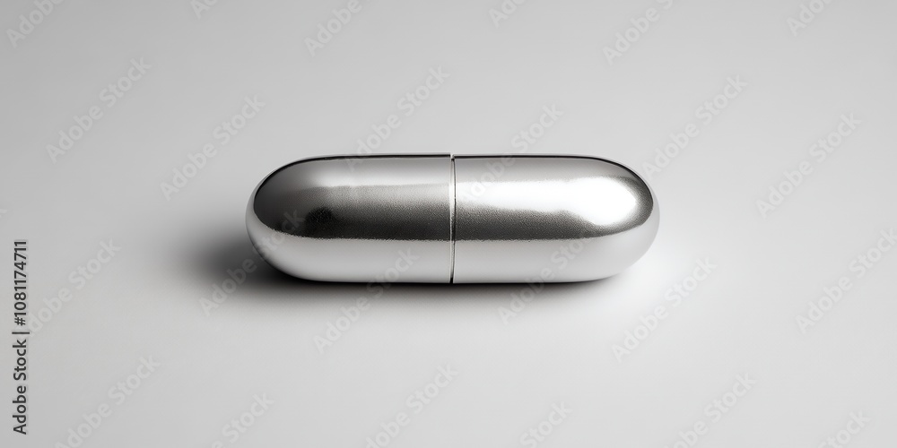 A Shiny Silver Capsule Rests on a Clean, Light Surface, Highlighting Its Smooth Design and Cylindrical Shape in a Minimalist Setting A Shiny Silver Capsule Rests on a Clean, Light Surface, Highlighting Its Smooth Design and Cylindrical Shape in a Minimalist Setting