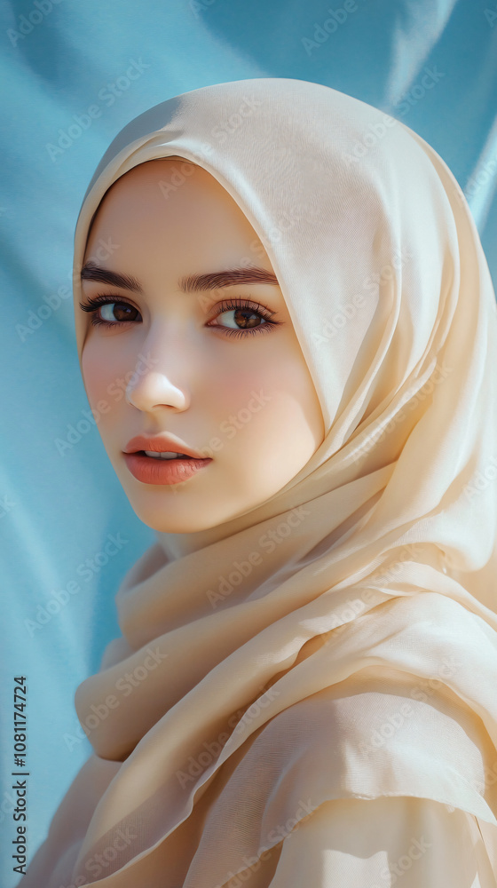 Fototapeta premium Beautiful young muslim woman with brown eyes wearing a beige hijab posing against a blue backdrop