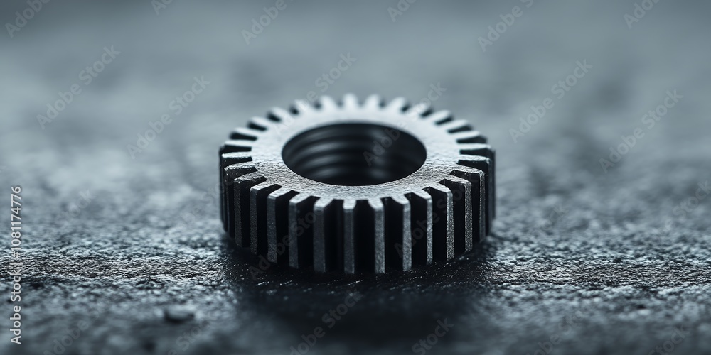 Detailed Close-Up of a Metallic Gear Component Resting on a Textured Surface, Reflecting Light in an Industrial Setting, Showcasing Precision Engineering at Dusk Detailed Close-Up of a Metallic Gear Component Resting on a Textured Surface, Reflecting Light in an Industrial Setting, Showcasing Precision Engineering at Dusk