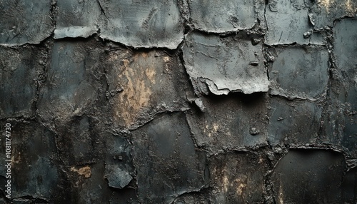 Closeup of a textured, weathered, dark gray surface with rough, cracked, and peeling paint.
