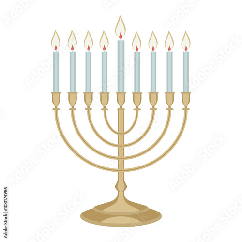 Hanukkah menorah candelabrum with nine burning candles isolated on white background. Flat style. . Vector illustration