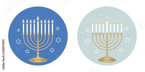 Jewish Holiday Hanukkah Stickers With Traditional Menorah 9 Candles Isolated On White Background. Flat Style. Vector illustration
