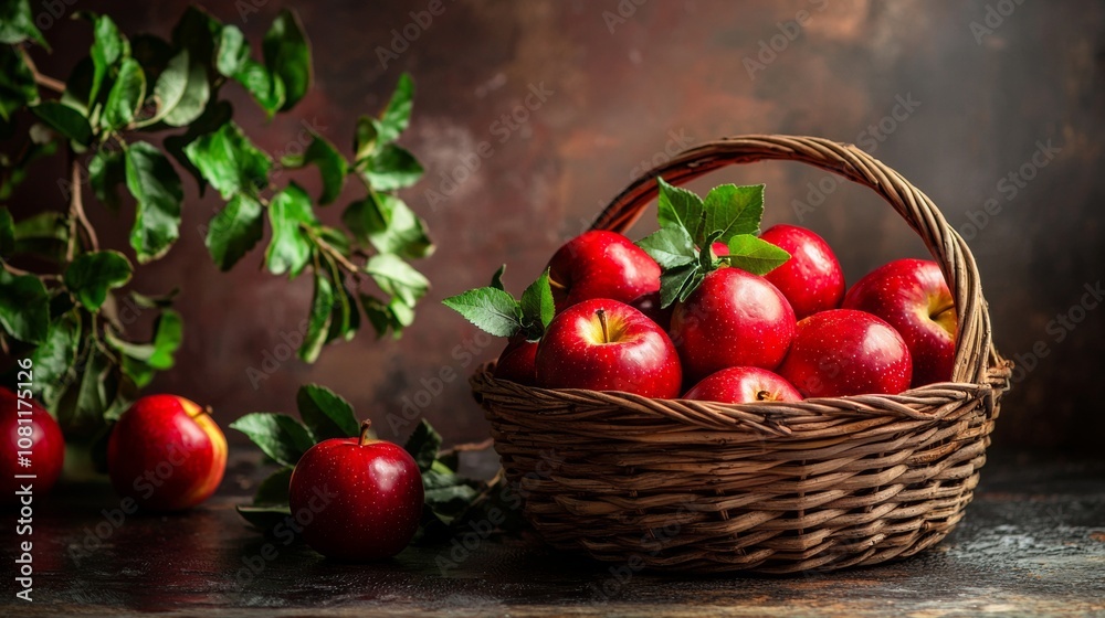 Basket of Red Apples with Leaves on Rustic Background Basket of Red Apples with Leaves on Rustic Background