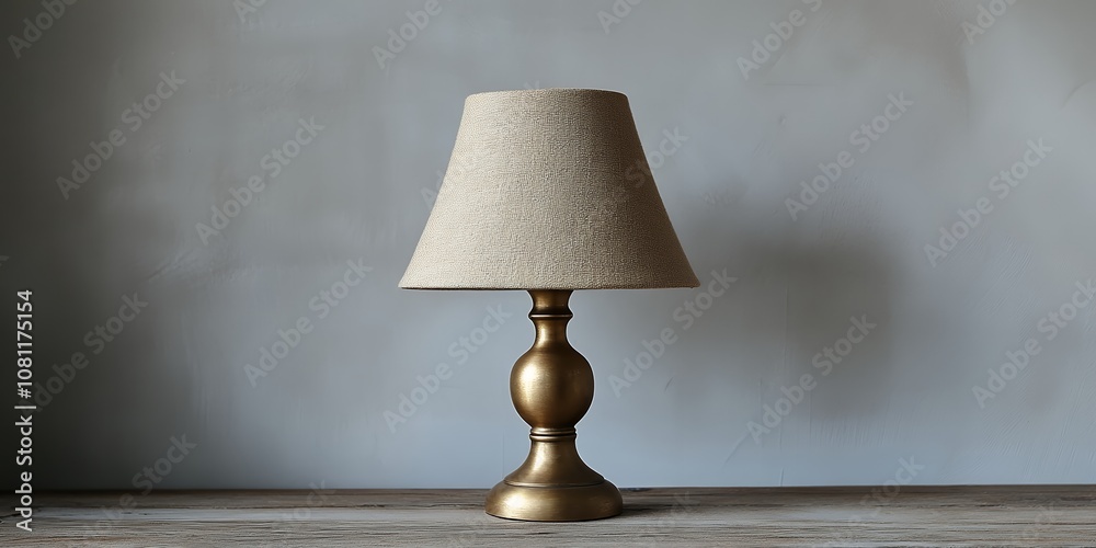 A Simple Brass Lamp With a Fabric Shade Placed on a Wooden Surface Against a Neutral Wall, Creating a Warm and Inviting Atmosphere in a Cozy Interior Space