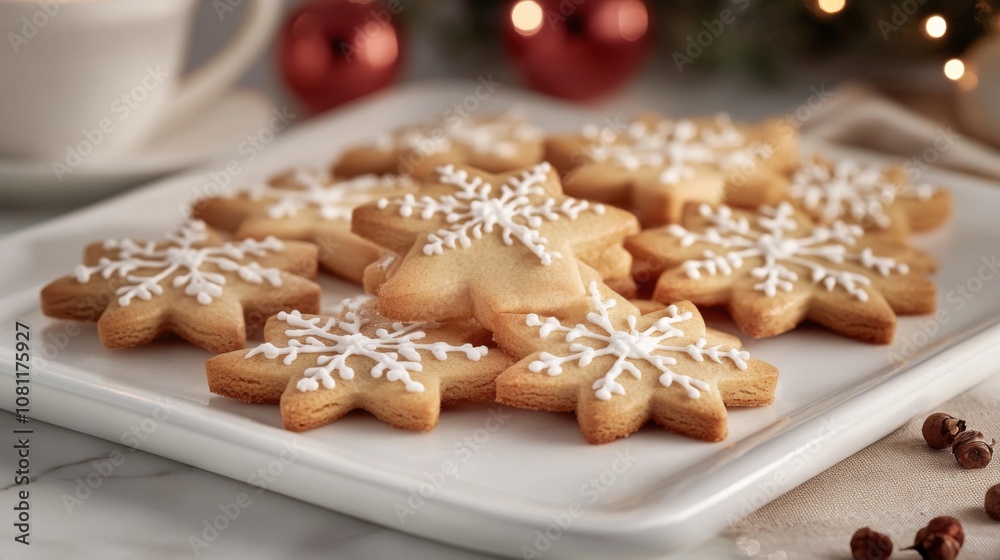 Snowflake-shaped Sugar Cookies on a White Plate Snowflake-shaped Sugar Cookies on a White Plate
