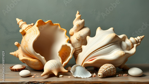 Seashells in mannerist style featuring elongated whimsical forms and artistic details photo