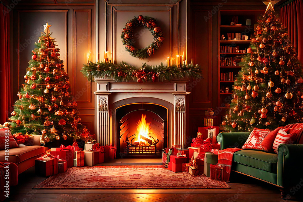 Fototapeta premium Cozy Christmas Living Room with Fireplace and Decorated Trees