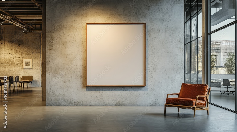Empty poster frame in a modern office, perfect for advertising, branding, or promotional display