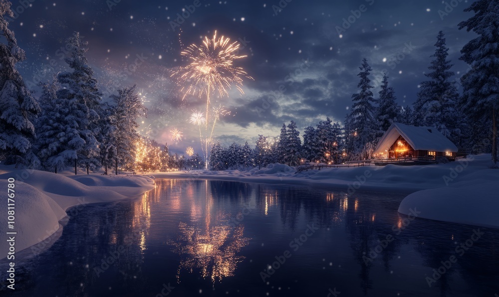 Fireworks reflected in a snow-covered lake, with a winter wonderland scene and a cozy cabin in the distance Fireworks reflected in a snow-covered lake, with a winter wonderland scene and a cozy cabin in the distance