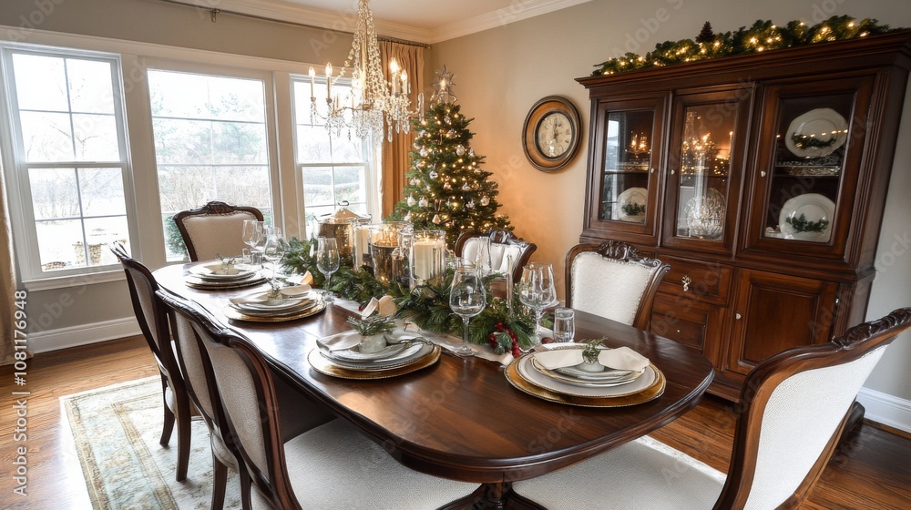 Festive Christmas Dining Room Table Setting with Decorated Tree and Cabinet Festive Christmas Dining Room Table Setting with Decorated Tree and Cabinet