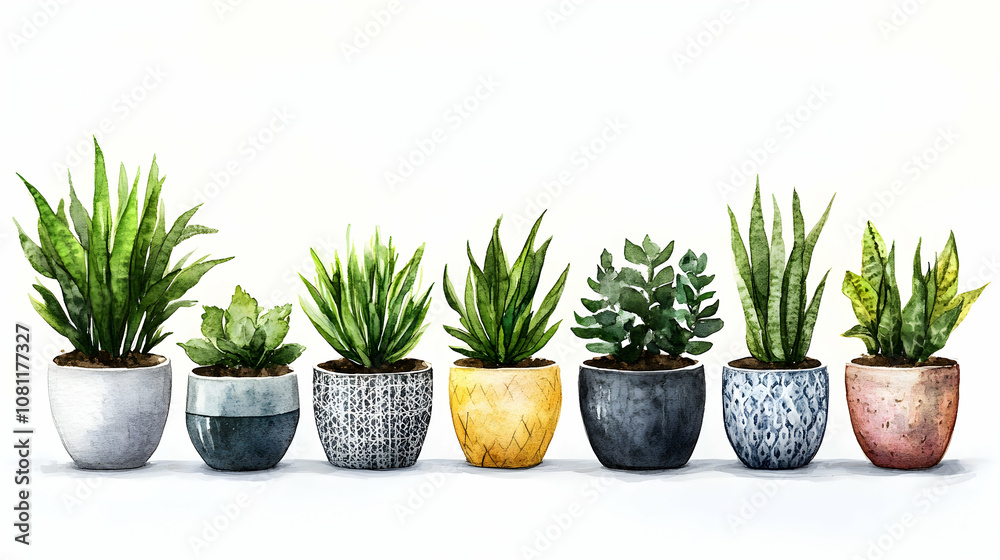 Obraz premium Watercolor Painting of Seven Houseplants in Pots, potted plants, indoor plants, green plants, succulents, snake plant