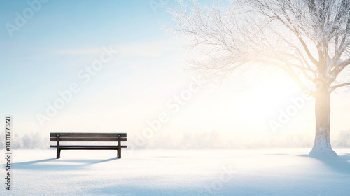 Wallpaper Mural Solitary wooden bench in stunning winter scenery with icy tree and snow blanketed meadow during sunrise Torontodigital.ca