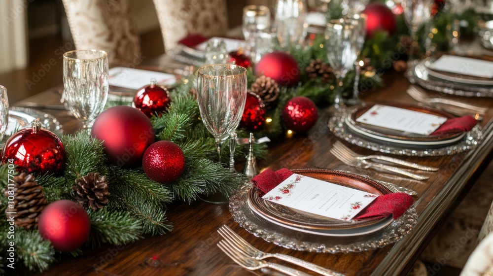 Festive Christmas Table Setting with Red Ornaments and Pine Garland Festive Christmas Table Setting with Red Ornaments and Pine Garland