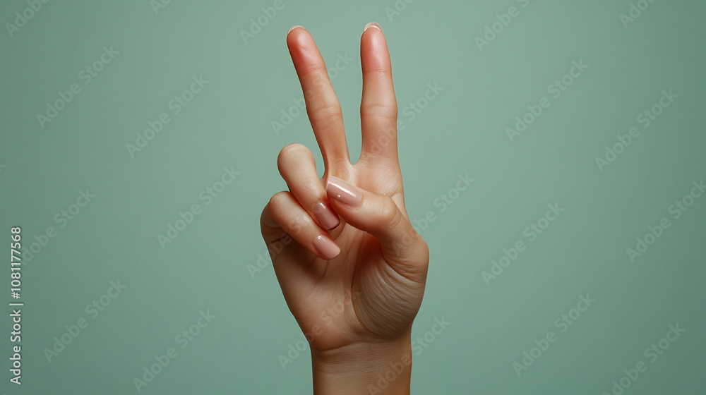 Woman's Hand Showing Peace Sign Against Teal Background, victory sign, two fingers, hand gesture, hand signal, female hand Woman's Hand Showing Peace Sign Against Teal Background, victory sign, two fingers, hand gesture, hand signal, female hand