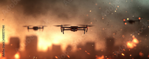 Military drones flying over city on fire during war, aerial surveillance, invasion concept