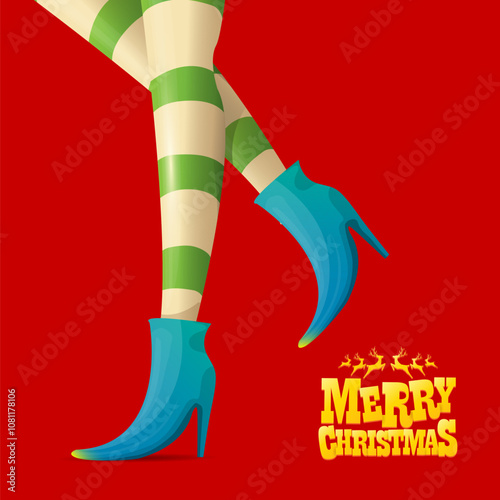 vector merry christmas greeting card with cartoon elf girls legs and greeting calligraphic text Merry christmas isolated on red. Vector merry christmas background with elf girl