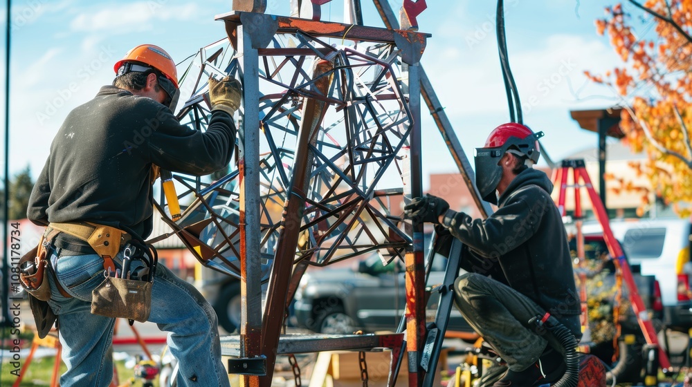 Obraz premium Outdoor Art Installation Assembly by Welders Showcasing Public Art Design and Creativity