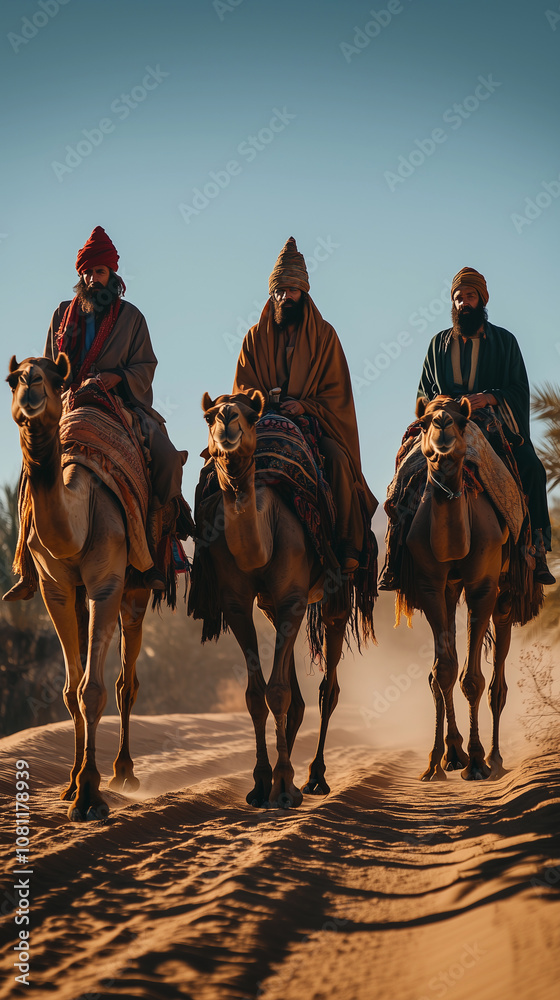 three wise men in the middle east on camels in the desert, emphasizing adventure and culture