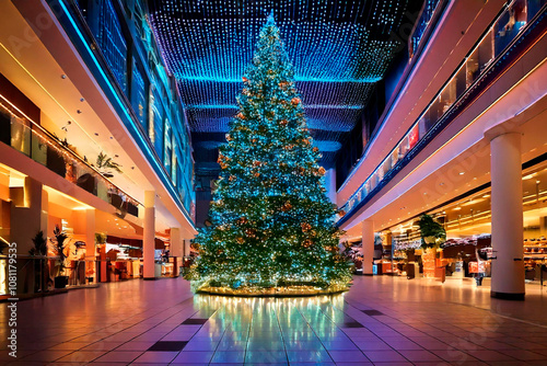 Giant Christmas Tree Illuminated in Shopping Mall