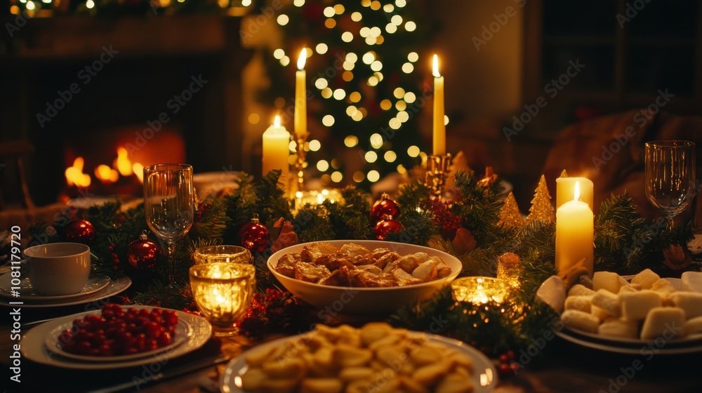 Festive Christmas Table Setting with Candlelight and Treats Festive Christmas Table Setting with Candlelight and Treats
