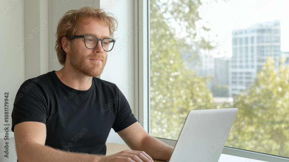 Concentrated man working on laptop in contemporary office, admiring city view and brainstorming project strategy Concentrated man working on laptop in contemporary office, admiring city view and brainstorming project strategy