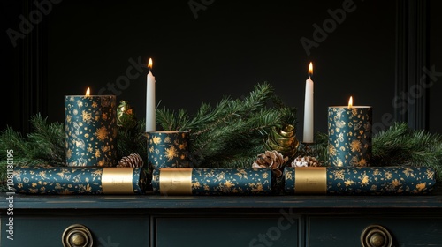 Festive Candles and Christmas Crackers on a Dark Wooden Dresser photo