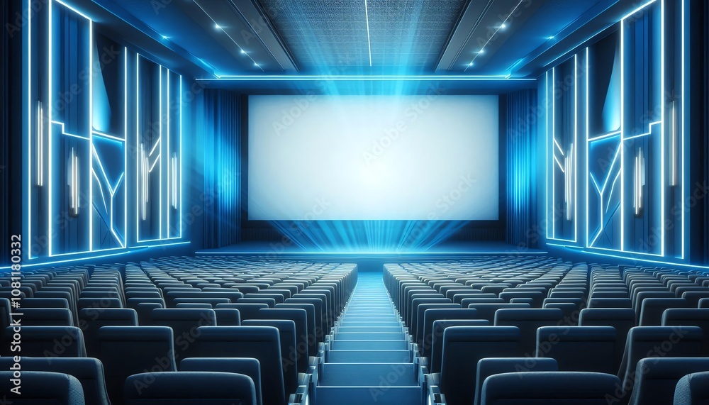 Modern cinema interior with illuminated screen and empty seats designed for a premium viewing experience in a contemporary theater Modern cinema interior with illuminated screen and empty seats designed for a premium viewing experience in a contemporary theater