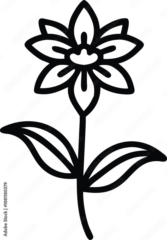 Obraz premium Black outline of a star-shaped flower with leaves, Minimalistic line art of a star-shaped flower featuring pointed petals, a central bud, and two elongated leaves, outlined in bold black for a sleek a