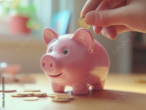 Closeup of pink ceramic piggy bank on desk with coins, symbolizing savings and financial planning. Hand inserting coin, blurred background.