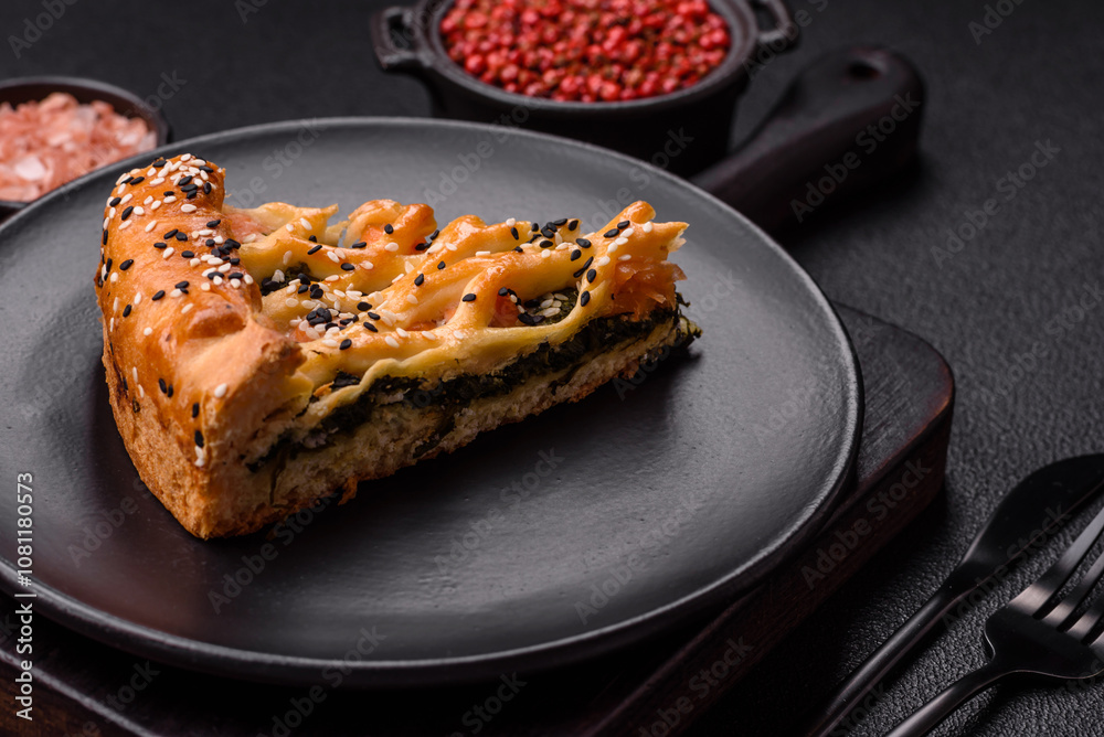 Pieces of quiche with salmon, spinach or broccoli, salt and spices Pieces of quiche with salmon, spinach or broccoli, salt and spices